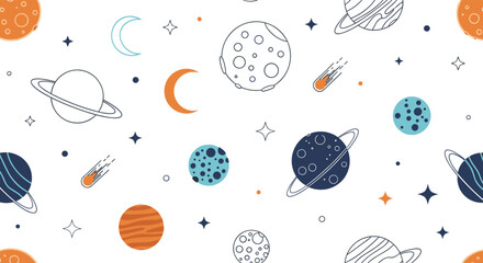 Seamless childish pattern of colorful cartoon planets stars comets and moons on a clean white background for kids decor.