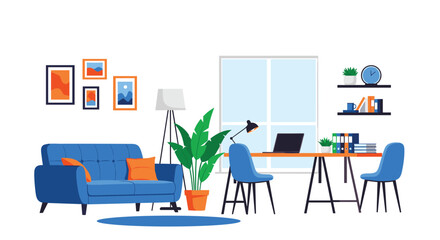 Modern living room and home office interior with a blue sofa desk laptop and houseplants in a flat vector illustration style.