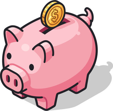 Cute pink piggy bank with a gold coin being inserted