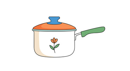 Cute cartoon drawing of a white cooking pot with an orange lid blue knob and a simple flower illustration.