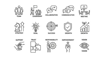 Core Business Values, Leadership, and Management Principles Icon Set in Outline Style