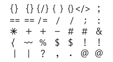Collection of special characters, operators, and punctuation marks used in programming and typography.