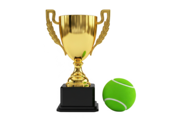 Golden tennis trophy and ball isolated on transparent background for sports awards and achievements