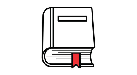 Simple black and white line icon of a closed book standing upright with a red bookmark hanging from its pages.