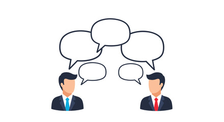 Illustration of two businessmen in suits having a conversation with multiple empty speech bubbles above their heads for text.