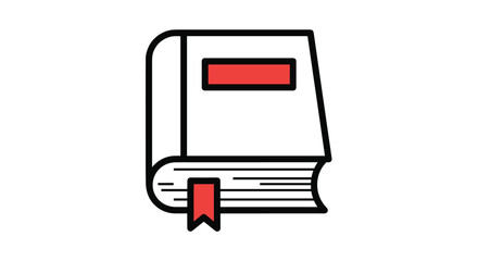 Thick line icon of a closed book standing vertically with a red title bar and a matching red bookmark.