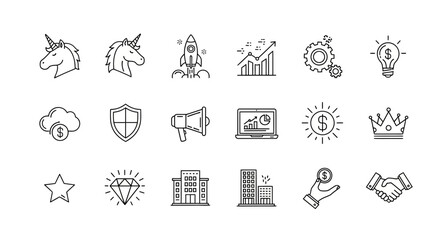 Startup, Business, and Investment Line Icons Set. Concepts like Unicorn, Growth, Marketing, Security, and Success.