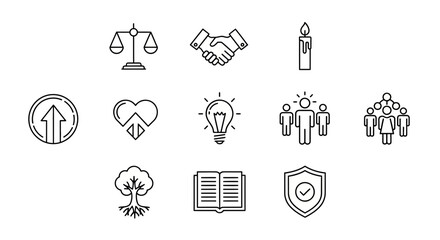 Line Icons Set for Core Values, Ethics, Business Principles, Knowledge, and Community Concepts.