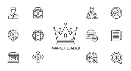 Market Leader Vector Icon Set. Line Icons for Business Strategy, Success, and Financial Achievement