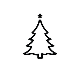 A stylized black silhouette of a Christmas tree adorned with a star on top, presented on a transparent background.