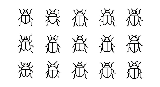 Outline Beetle Icon Set. Simple Line Art Collection of Various Bug and Insect Silhouettes on White Background.