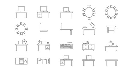 Outline Icons Set of Office Furniture, Desks, Meeting Tables, and Workspace Equipment