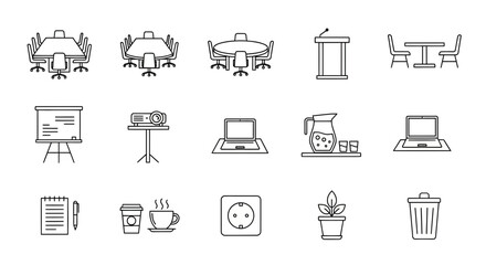 Business Meeting and Conference Room Outline Icons Set