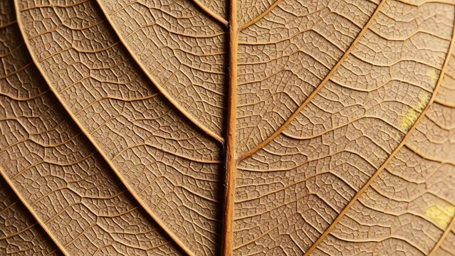 Detailed macro shot capturing the precise organic network of dried leaf veins, highlighting natural botanical patterns and textured surface in warm, earthy brown hues