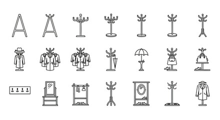 Coat Rack and Hall Stand Outline Icons: Entryway Furniture, Garment Storage, and Accessories