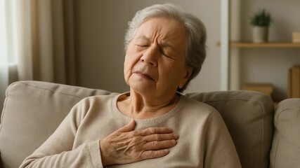 Elderly woman holding chest, looking distressed, sitting on couch in living room. Senior female with hand on heart, pain or discomfort. Emotional distress, indoor environment. Diseases of old age