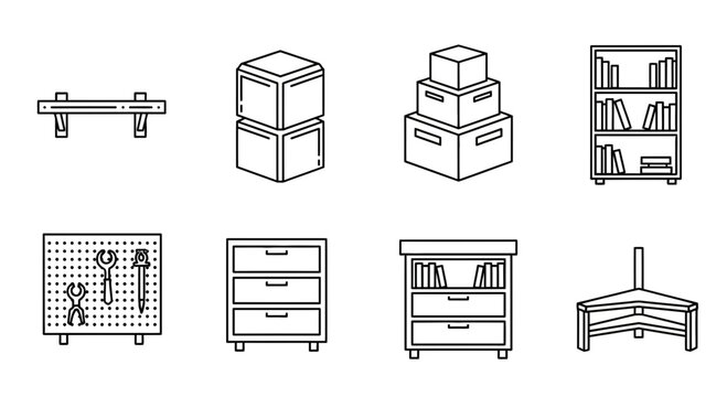 Minimalist Line Icons of Shelves, Cabinets, Drawers, and Storage Boxes
