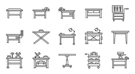 Collection of Work Benches, Workshop Tables, and Tool Carts Line Icons Set