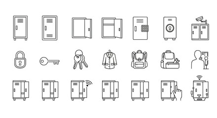 Locker and Storage System Line Icons Set: Featuring Padlocks, Keys, Backpacks, Security, and Smart Digital Lockers