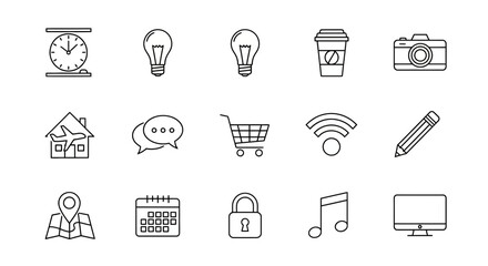 Diverse Essential Outline Icons Set for Web and Mobile UI/UX Design, Covering Technology, Business, and Daily Life Concepts.