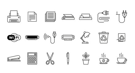 Black line icons set of office supplies, technology devices, and business accessories for web design and presentations.