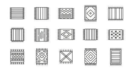 Collection of Line Icons Featuring Various Patterned Rugs, Carpets, and Mats with Geometric and Striped Designs