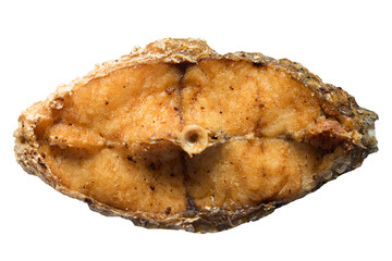 Crispy fried sliced sea bass with golden-brown, appetizing texture, isolated on transparent background.