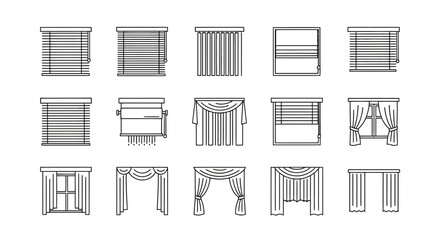Window Blinds and Curtains Line Icons Set: Various Interior Shading and Drapery Symbols for Home Decor