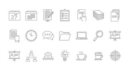 Business and Office Productivity Icon Set: Planning, Communication, Strategy, and Management Symbols Collection