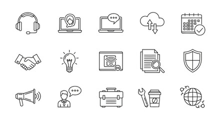 Business, Communication, and Technology Line Icons Set: Support, Cloud Computing, Security, Idea, and Global Network Concepts.