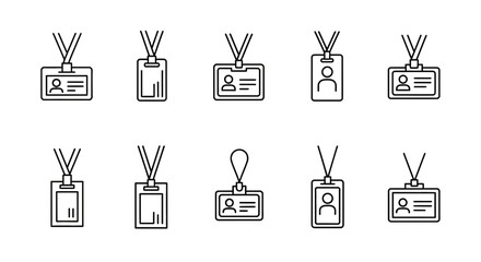 Line Icons Set of ID Badges, Access Cards, and Security Identification Tags with Lanyards