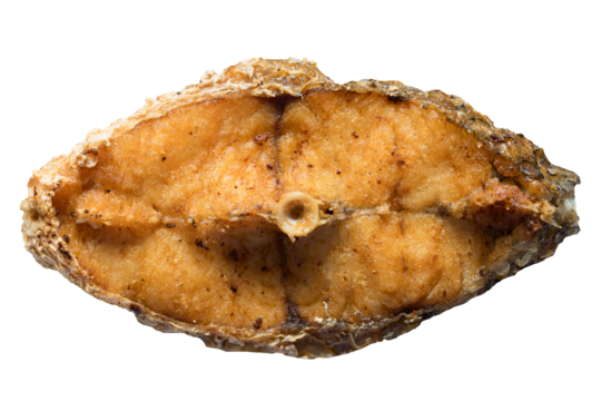 Crispy fried sliced sea bass with golden-brown, appetizing texture, isolated on transparent background.