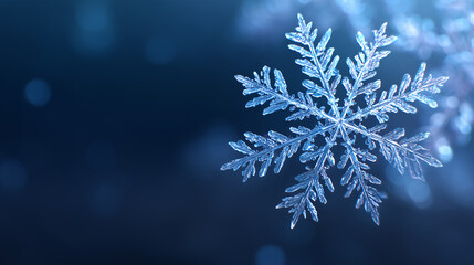 detailed close-up of a crystal snowflake shimmering on a blue winter background with soft bokeh, ideal for holiday banners, christmas cards, winter promotions, wallpapers and seasonal design projects
