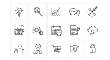 Business, Marketing, and Technology Outline Icons Set: Strategy, Analysis, Communication, and Security Vector Graphics