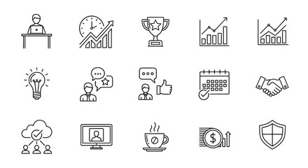 Business Success and Management Line Icons Set: Finance, Strategy, Time Management, Teamwork, and Security Symbols.