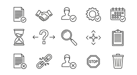 Outline Icons Set for Business, Management, Status Indicators, and Web UI Operations