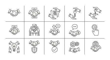 Business Partnership and Deal Icons Set. Handshake, Contract, Transaction, and Agreement Outline Symbols for Commerce and Finance.
