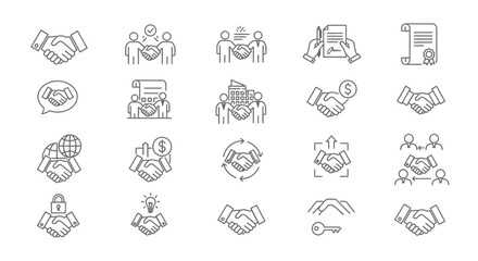 Business Partnership and Agreement Line Icons Set: Handshake, Deal, Contract, Finance, and Corporate Collaboration Symbols