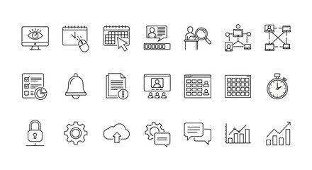 Outline Icons Set for Business Management, Technology, Communication, Scheduling, and Analytics Interface Elements
