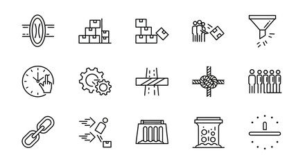 Workflow and Logistics Management Line Icons Set: Featuring Supply Chain, Time, Barriers, Optimization, and Team Collaboration Concepts.