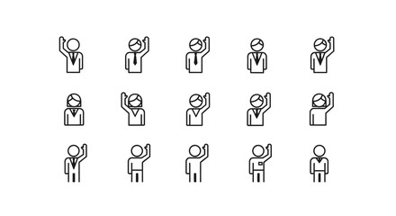 People Raising Hands Outline Icon Set for Participation, Voting, and Questions in Business and Education