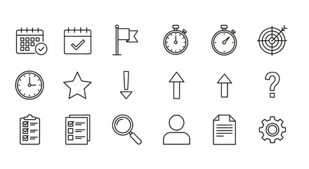 Productivity, Time Management, and Business Icons Set including Calendar, Target, Clock, and Settings in Outline Style.