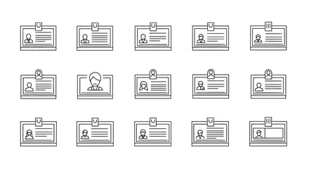 Line Icon Set of Identification Badges, ID Cards, Name Tags, and Security Access Passes