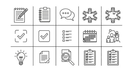 Business Planning, Meeting, and Task Management Line Icons for Strategy and Workflow.