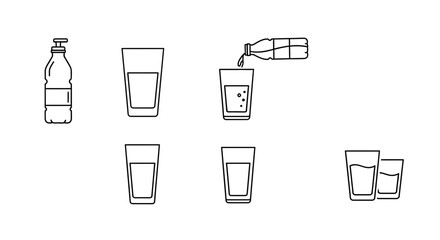 Outline Icons Set of Water, Drinks, and Glassware including Bottle, Pouring, and Filled Glasses