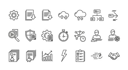 Business Management and Data Technology Outline Icons Set including Analytics, Security, Cloud, and Time Efficiency.