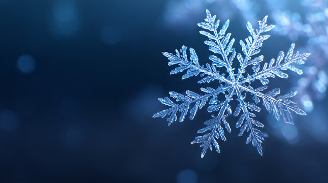 detailed close-up of a crystal snowflake shimmering on a blue winter background with soft bokeh, ideal for holiday banners, christmas cards, winter promotions, wallpapers and seasonal design projects - Powered by Adobe