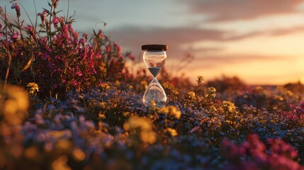 Hourglass in a field of flowers at dusk shows passing time. Ideal to symbolize time running out, or seize the day now.