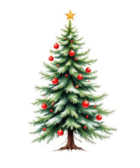 Fototapeta premium Festive evergreen christmas tree adorned with red baubles and a golden star, isolated on a transparent background for easy compositing. isolated on transparent background