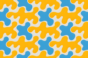 Seamless retro pattern of flowing yellow organic shapes on a white background, featuring bold 1960s psychedelic design with smooth curves and vibrant color contrast.